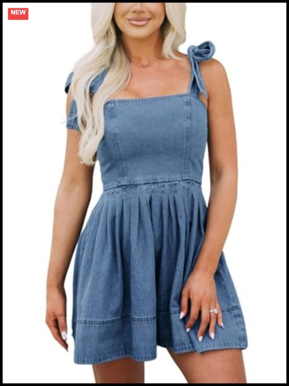 Tie Shoulder Sleeveless Denim Mini Dress Casual Flowy Swing Pleated - Picture 1 of 4